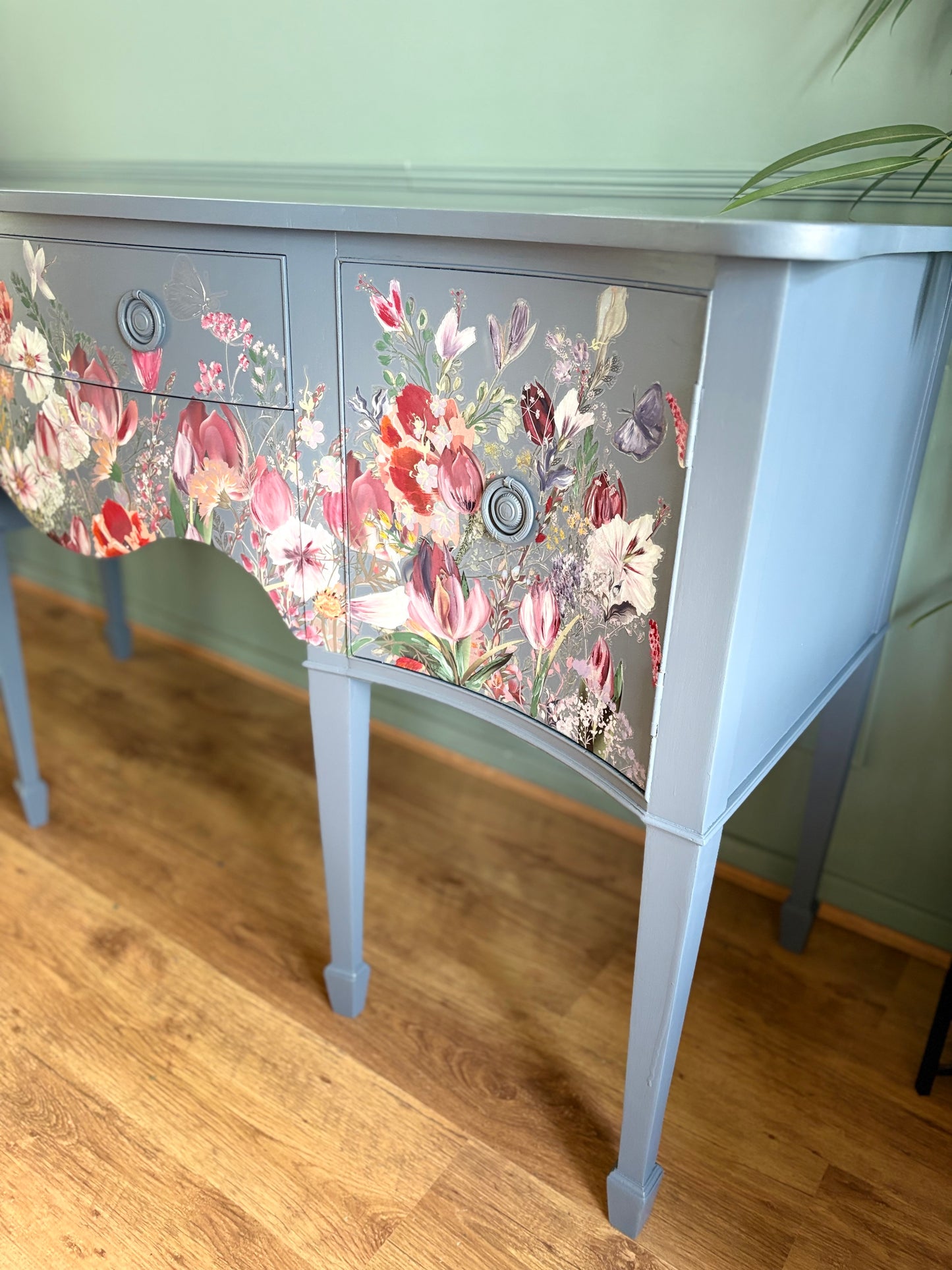 Tulip Cottage Blue Floral Handpainted Refurbished Sideboard Storage Unit Upcycled - delivery included