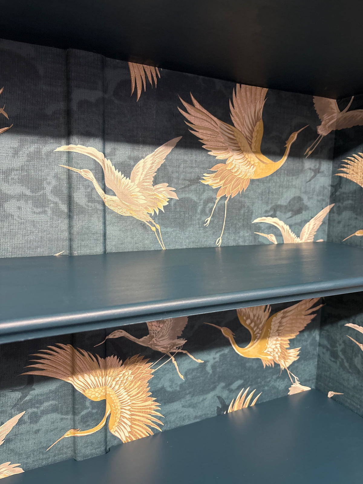 Navy Bird Crane Gold Upcycled Cabinet Bookcase