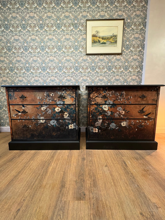 Beautiful Oriental Bird Blossom Pair Chest of Drawers Bedside Cabinets