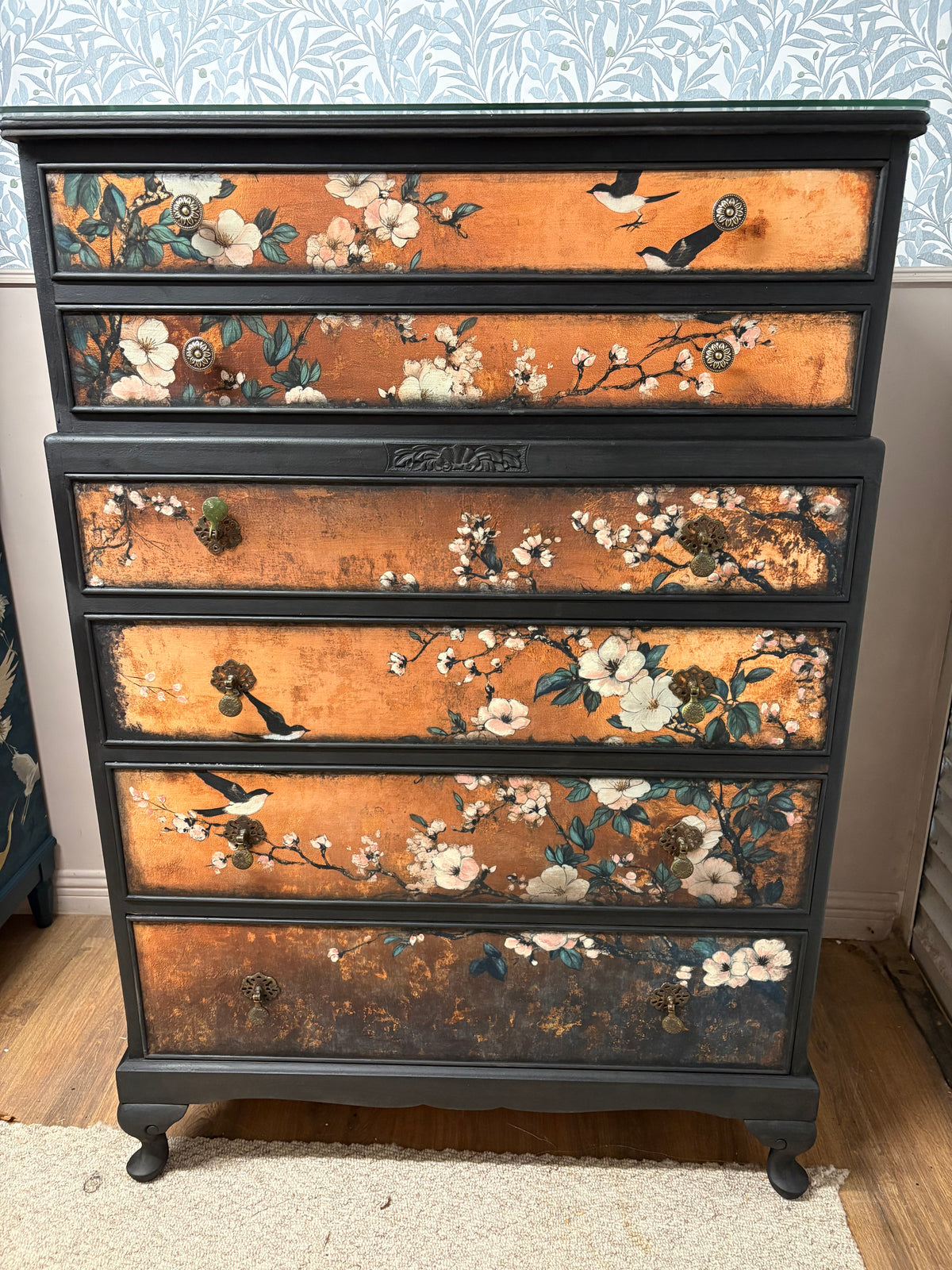 Copper Black Upcycled Oriental Bird Blossom Floral Chest of Drawers inc courier in price