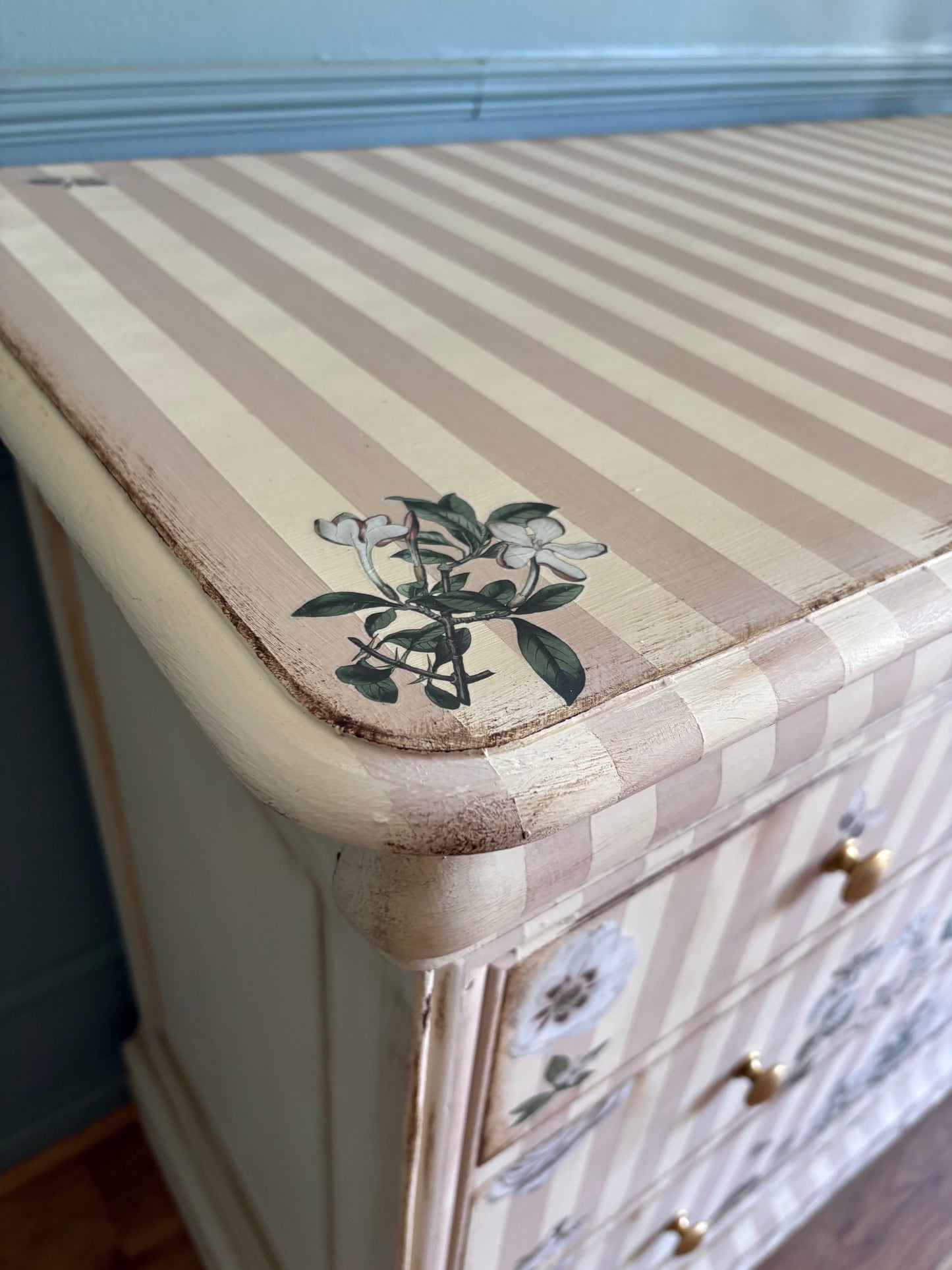 Beige & Cream Chest of Drawers Floral Handpainted upcycled refurbished Willis & Gambier