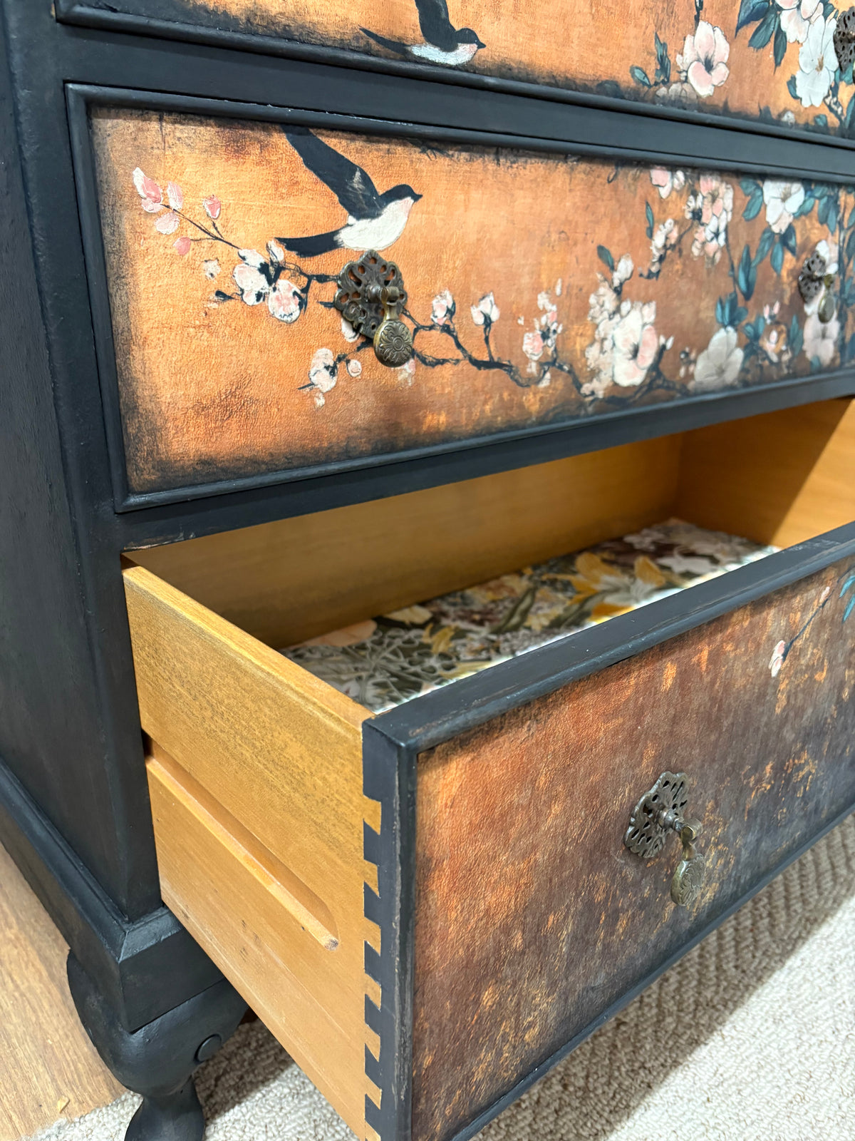 Copper Black Upcycled Oriental Bird Blossom Floral Chest of Drawers inc courier in price