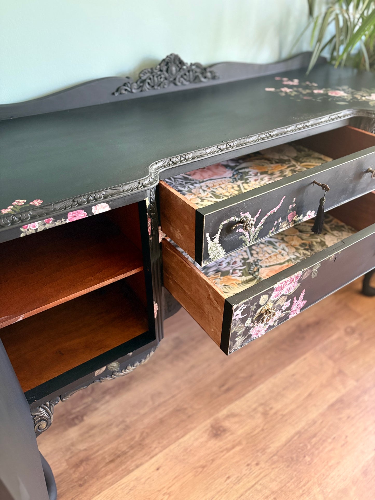 Vintage Refurbished Black Floral Rose Upcycled Sidboard lockable storage furniture