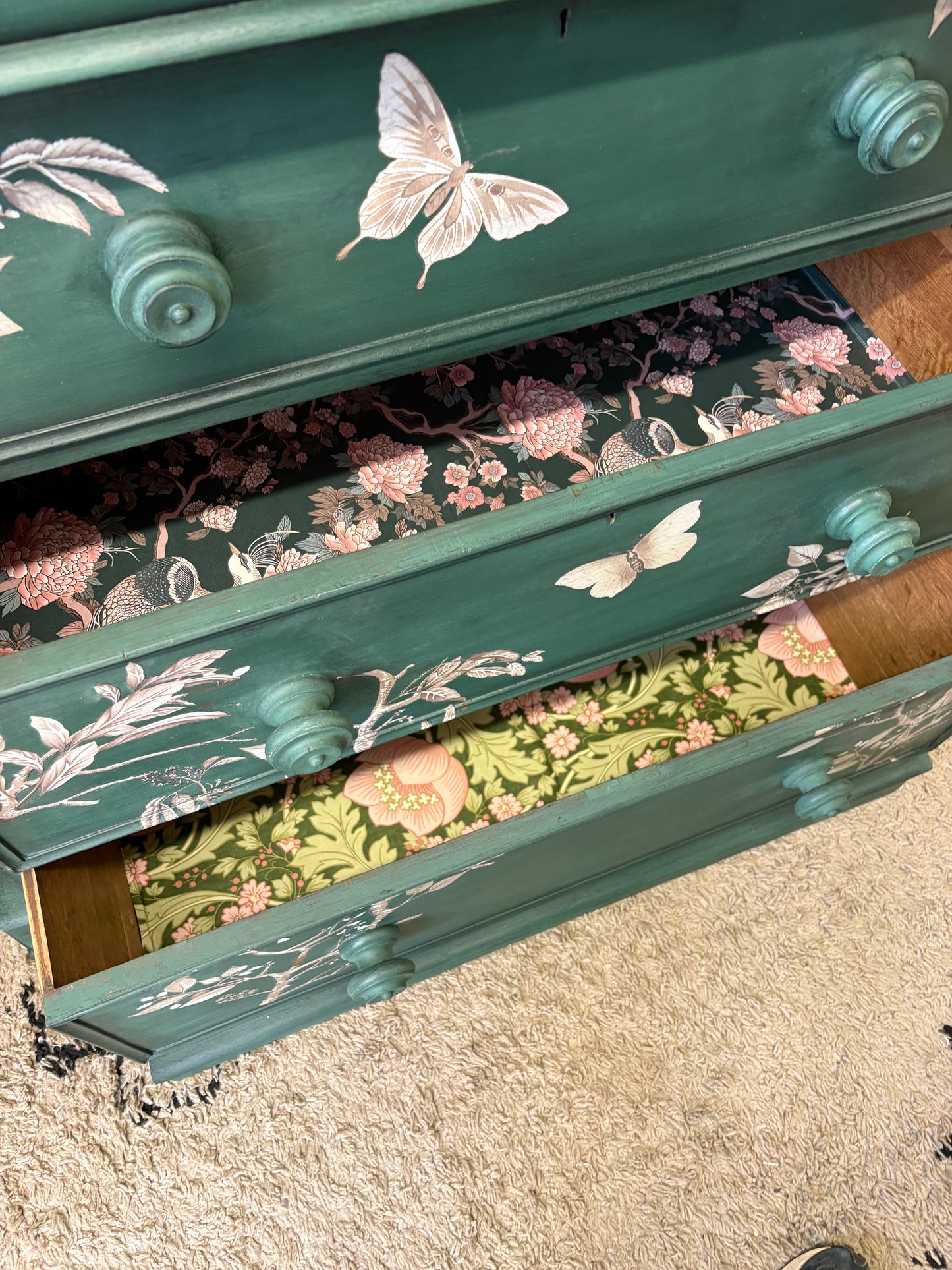 Antique Large Solid Wood Dark Green Floral Beige Chest of Drawers