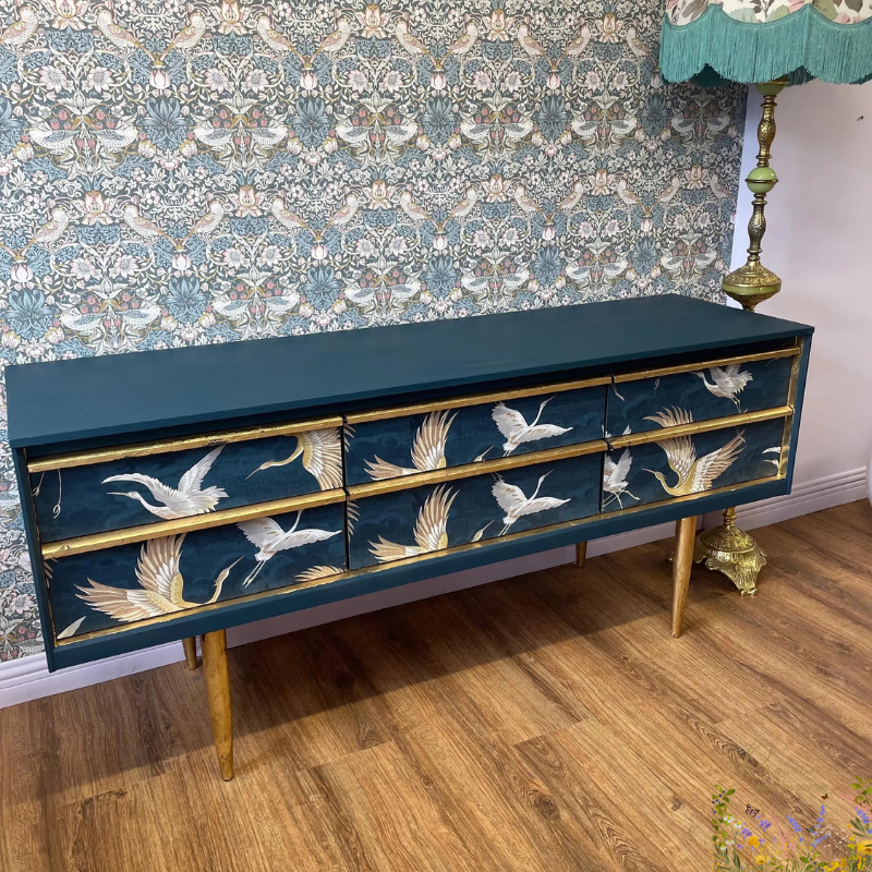 Gold & Navy Luxury Bird Crane Mid Century Sideboard