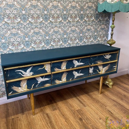 Gold & Navy Luxury Bird Crane Mid Century Sideboard