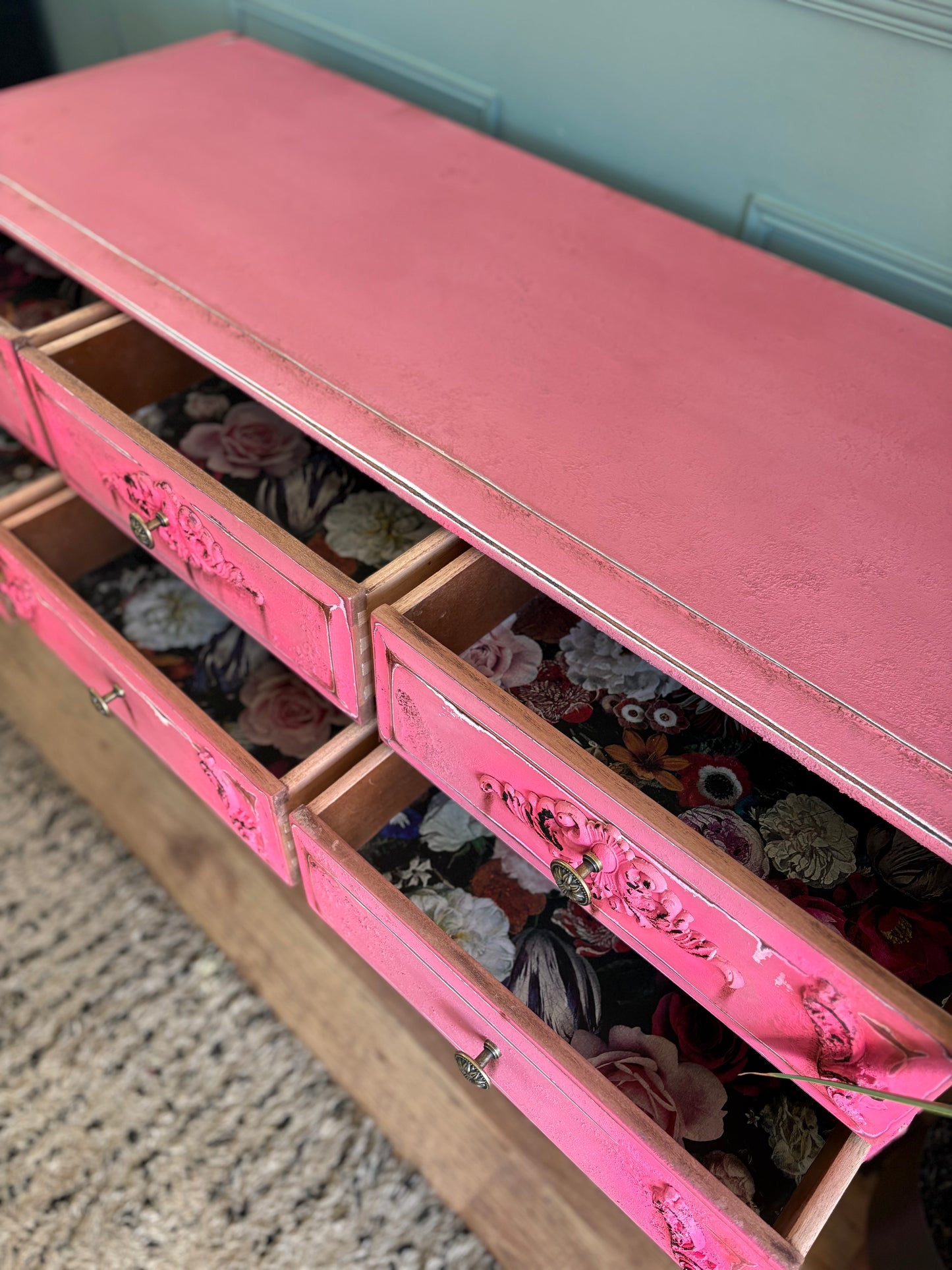Vintage Distressed Hot pink neon stag dressing table sideboard