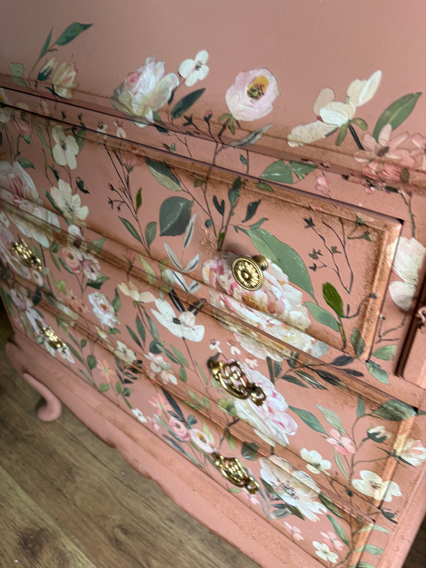 Peach Clay Floral Upcycled Green Bureau Desk Dressing Table
