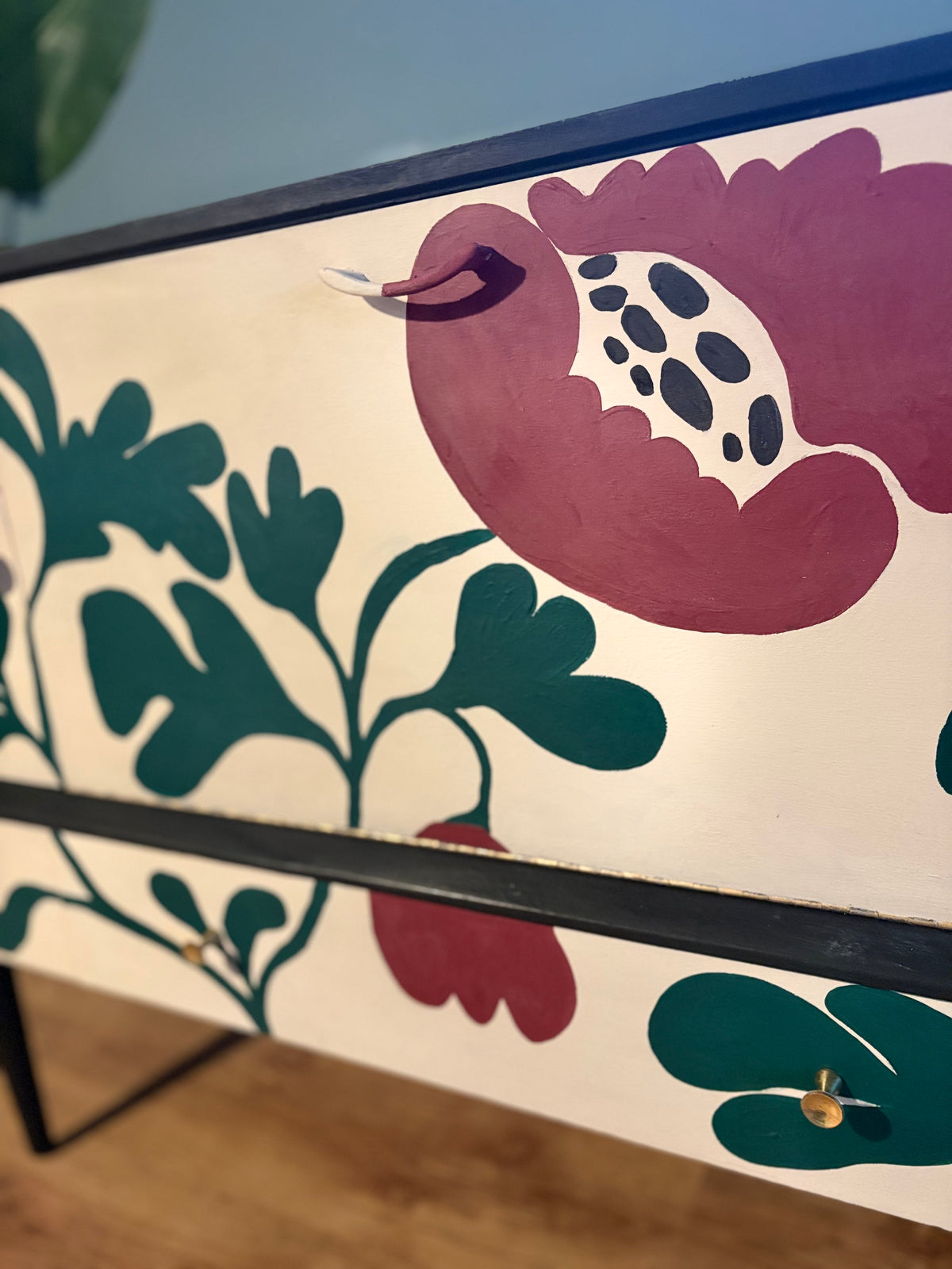 Upcycled floral green burgundy hand painted unique sideboard drinks cabinet