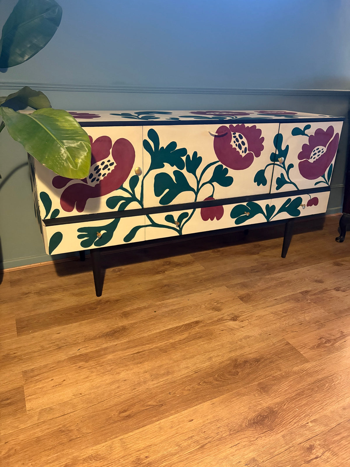 Upcycled floral green burgundy hand painted unique sideboard drinks cabinet
