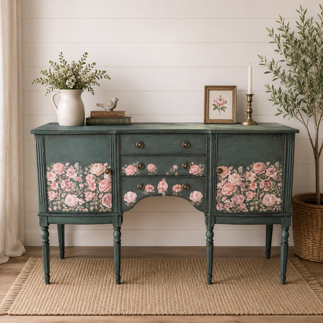 Dark Green Chalk Handpainted Floral Vintage Antique Sideboard upcycled refurbished - delivery included
