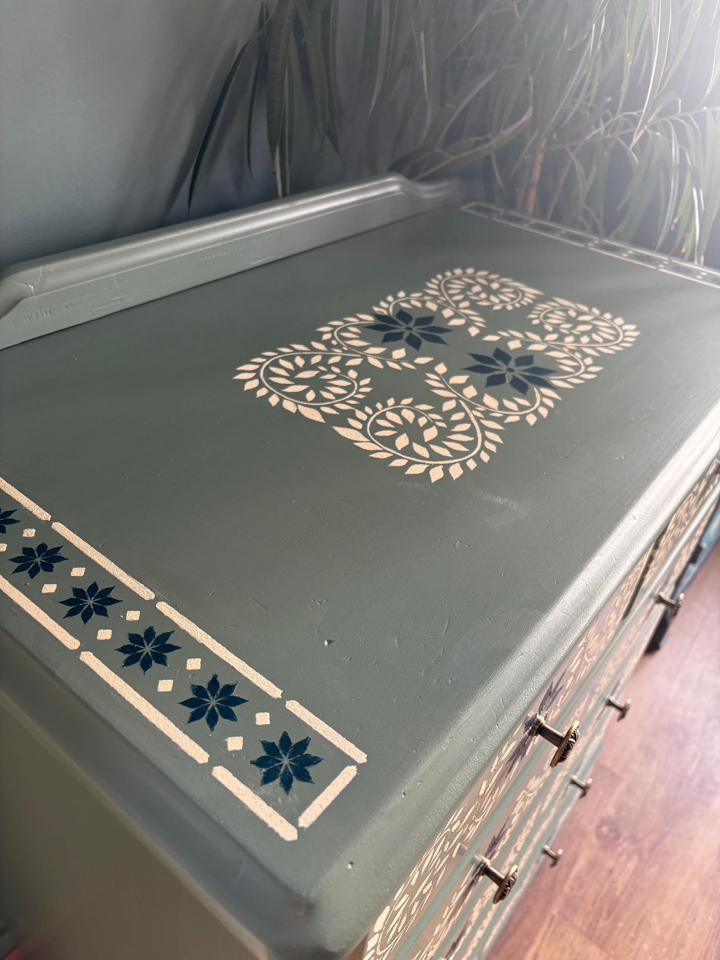 Handpainted Sage Green Stencil Chest of Drawers Upcycled
