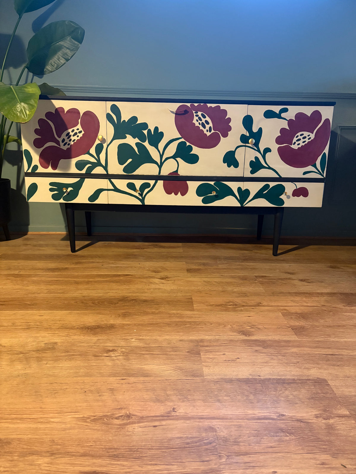 Upcycled floral green burgundy hand painted unique sideboard drinks cabinet