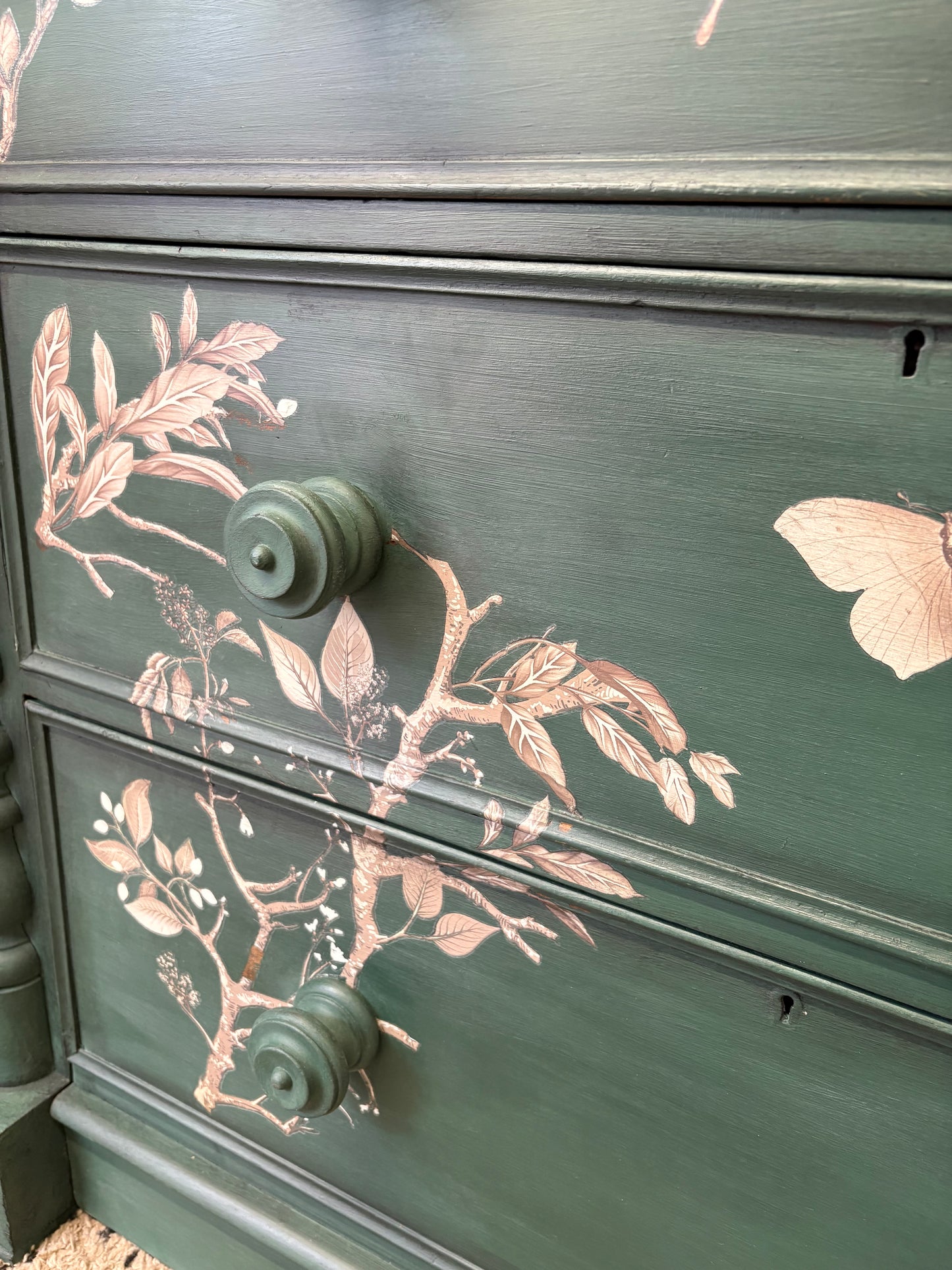 Antique Large Solid Wood Dark Green Floral Beige Chest of Drawers