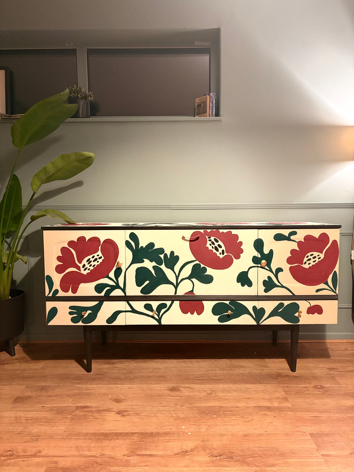 Upcycled floral green burgundy hand painted unique sideboard drinks cabinet