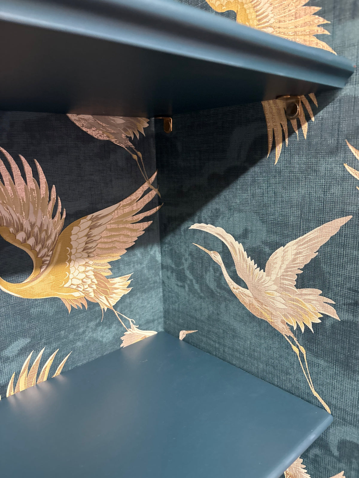 Navy Bird Crane Gold Upcycled Cabinet Bookcase