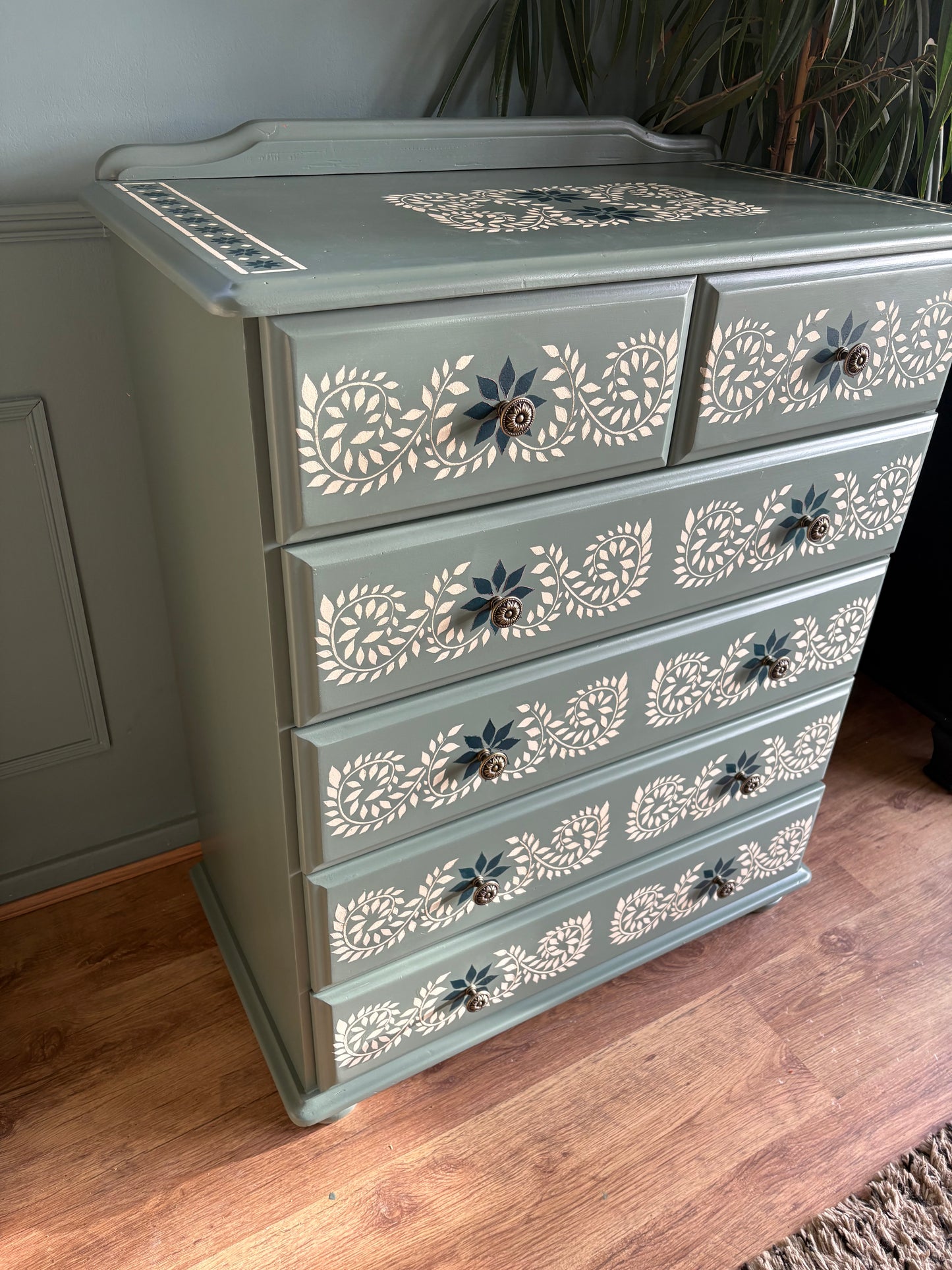 Handpainted Sage Green Stencil Chest of Drawers Upcycled