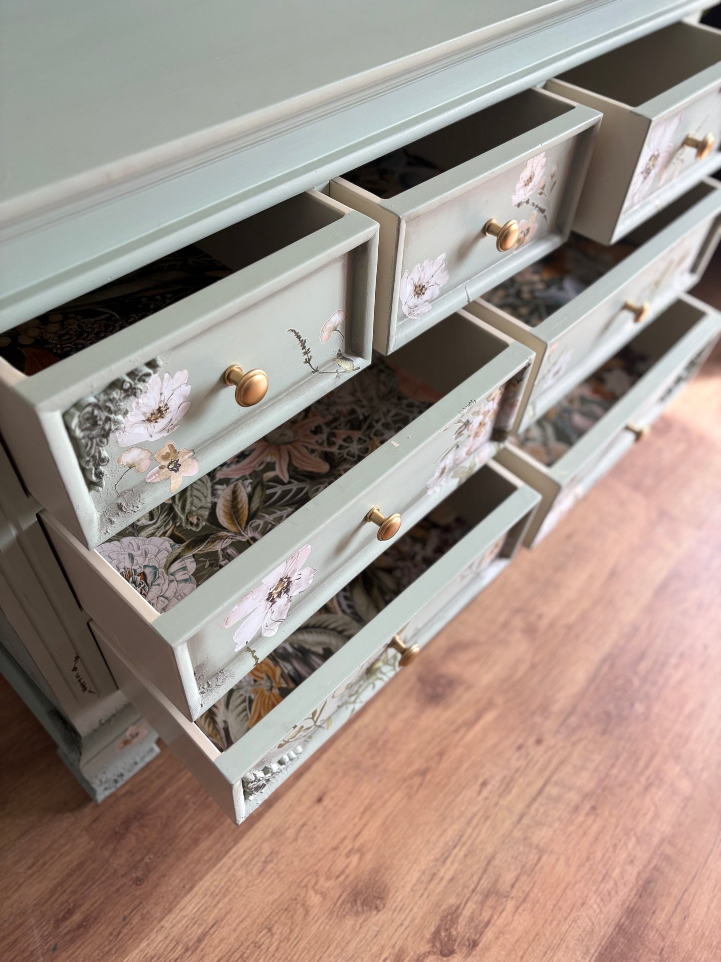 Chest of Drawers 7 large Sage Pale Green Floral Upcycled refurbished