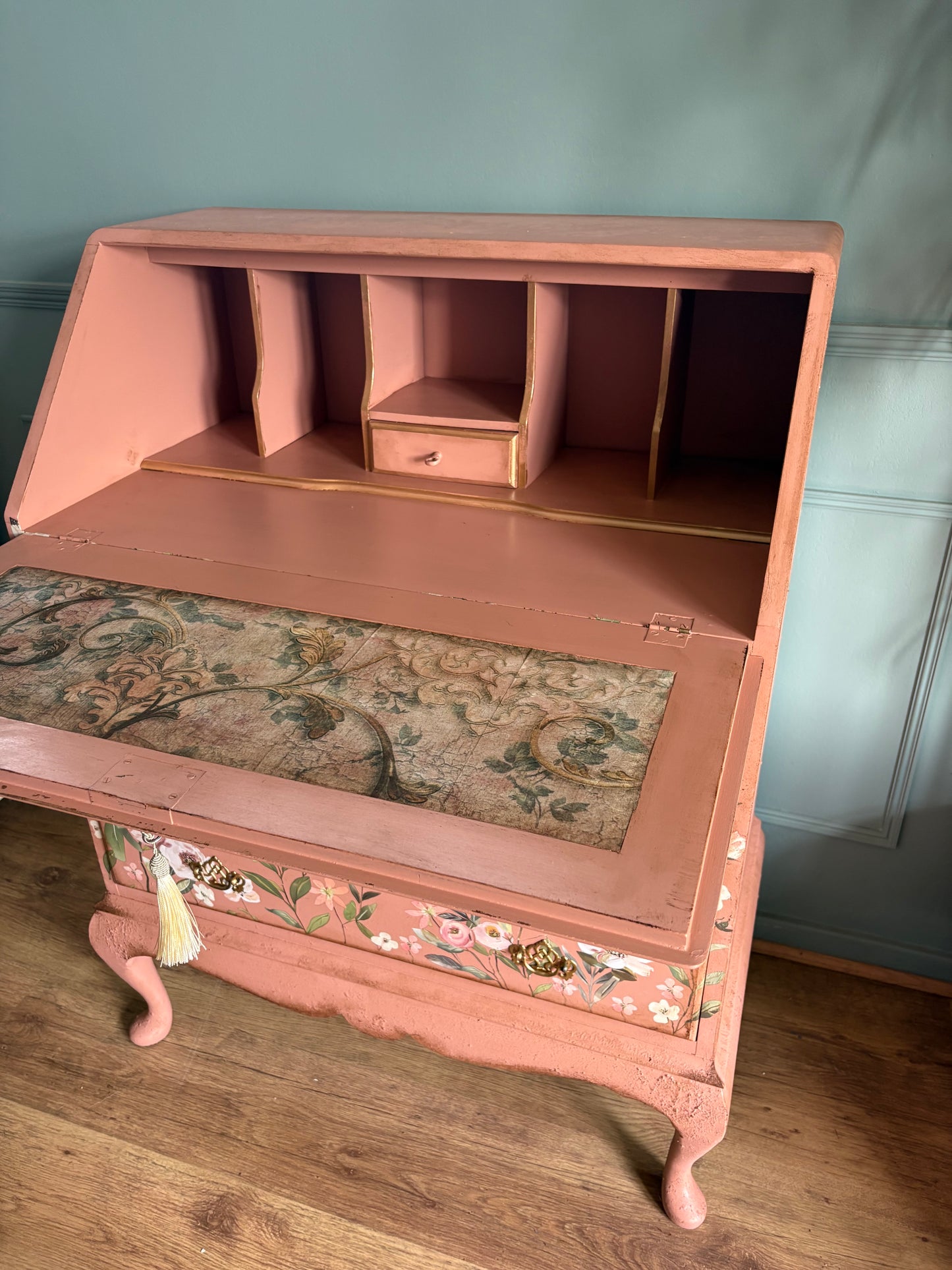 Peach Clay Floral Upcycled Green Bureau Desk Dressing Table