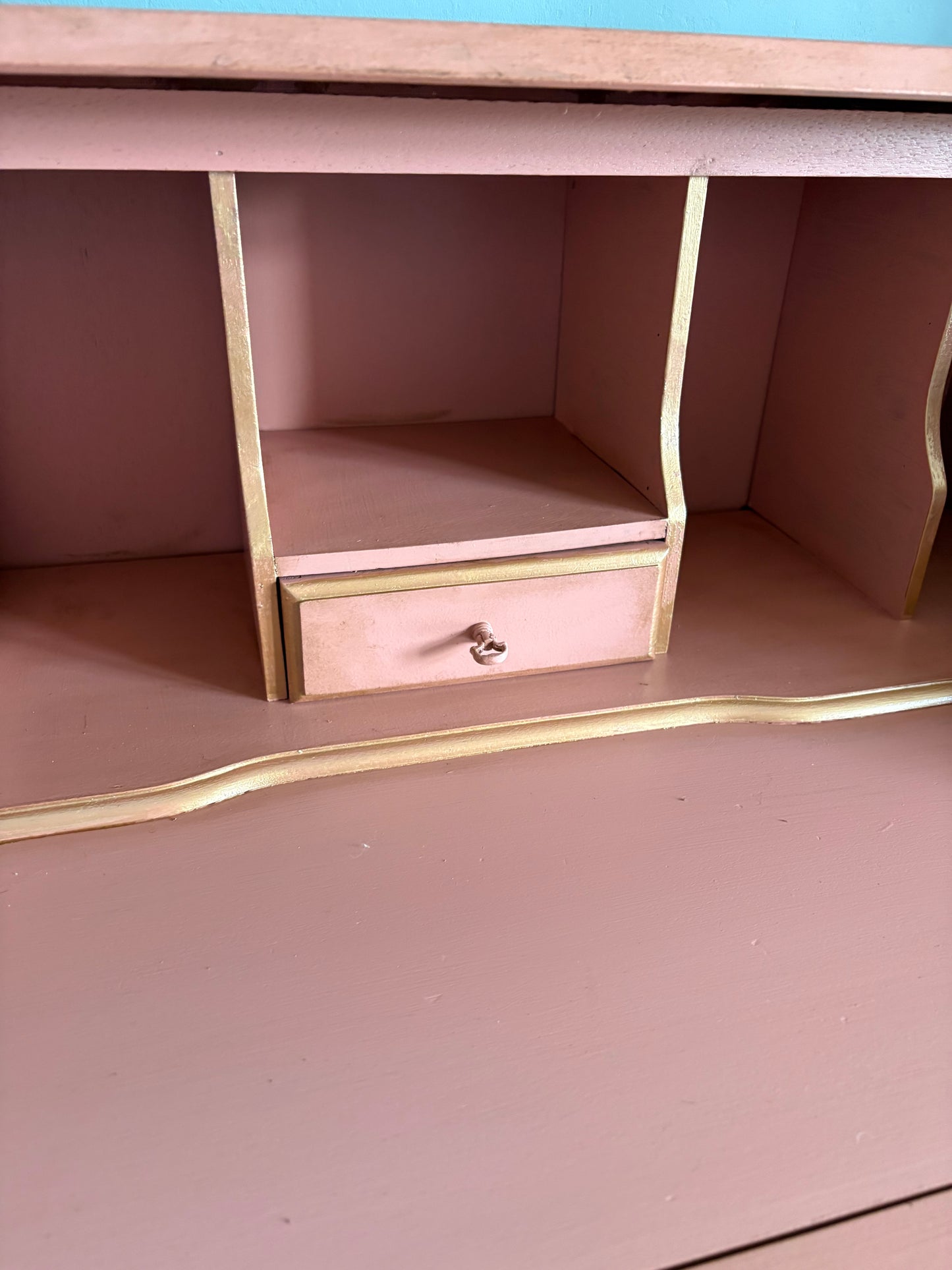 Peach Clay Floral Upcycled Green Bureau Desk Dressing Table