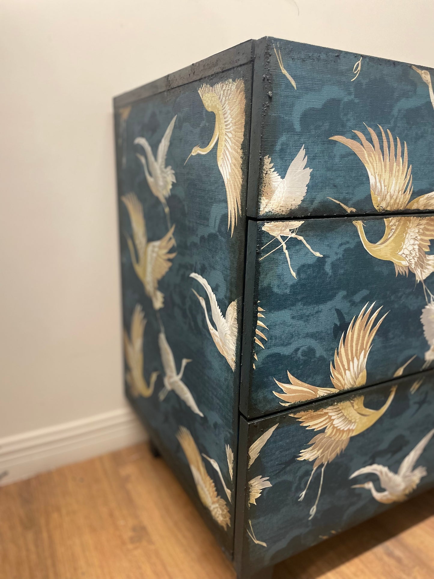 Navy Textured Crane Bird Gold Chest of Drawers