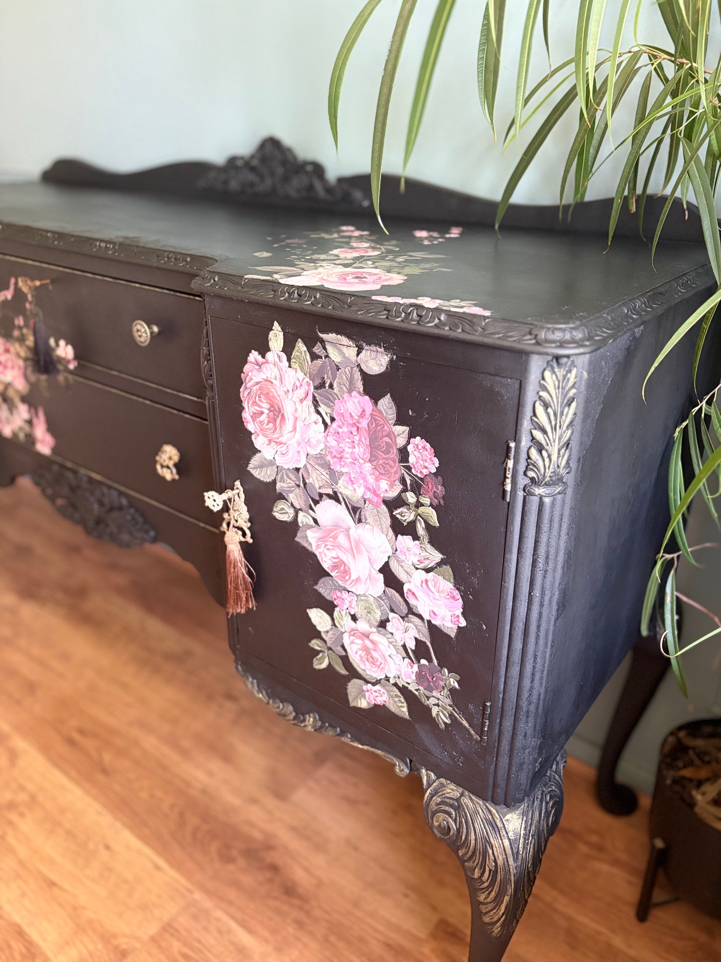 Vintage Refurbished Black Floral Rose Upcycled Sidboard lockable storage furniture