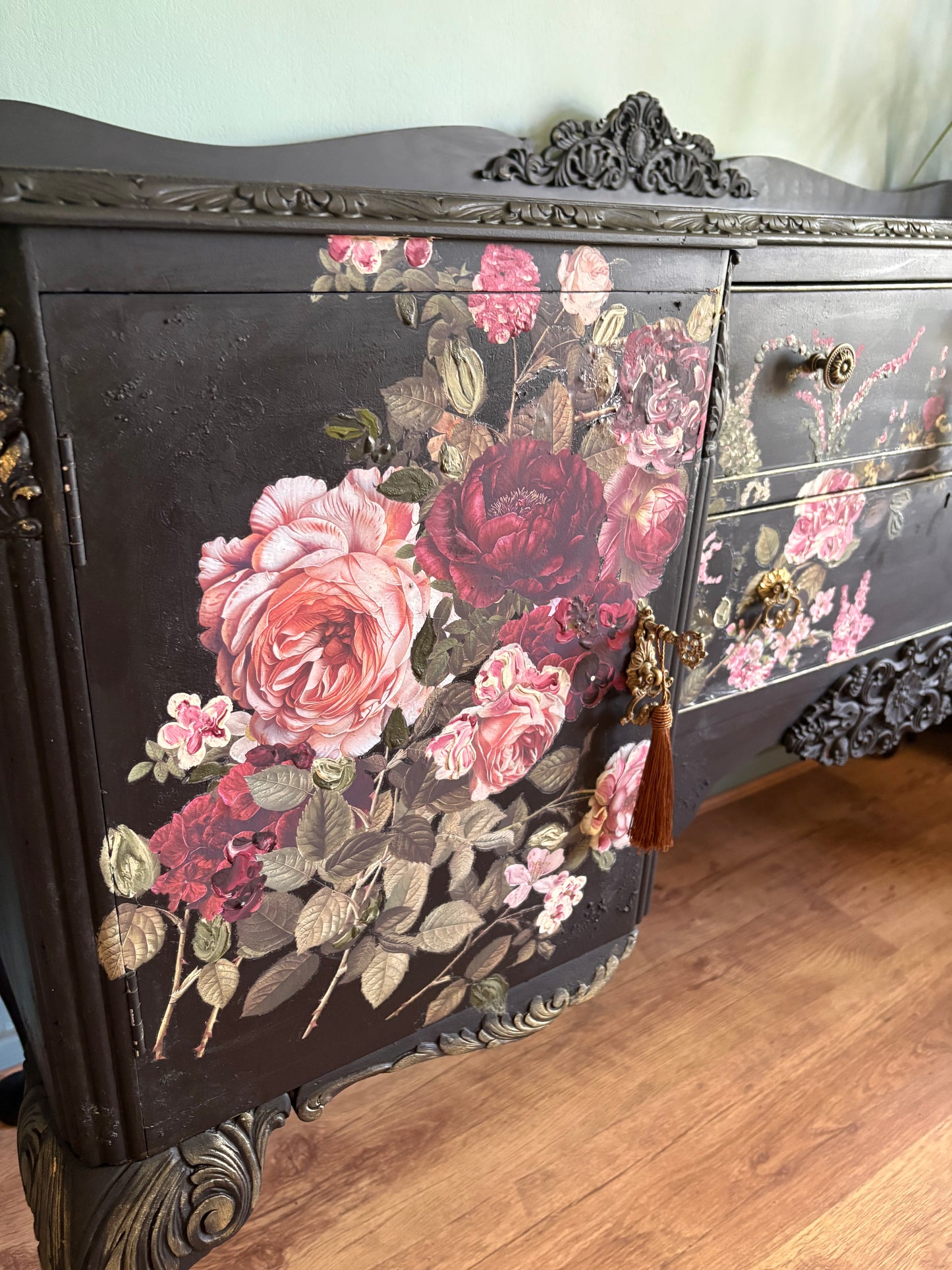 Vintage Refurbished Black Floral Rose Upcycled Sidboard lockable storage furniture