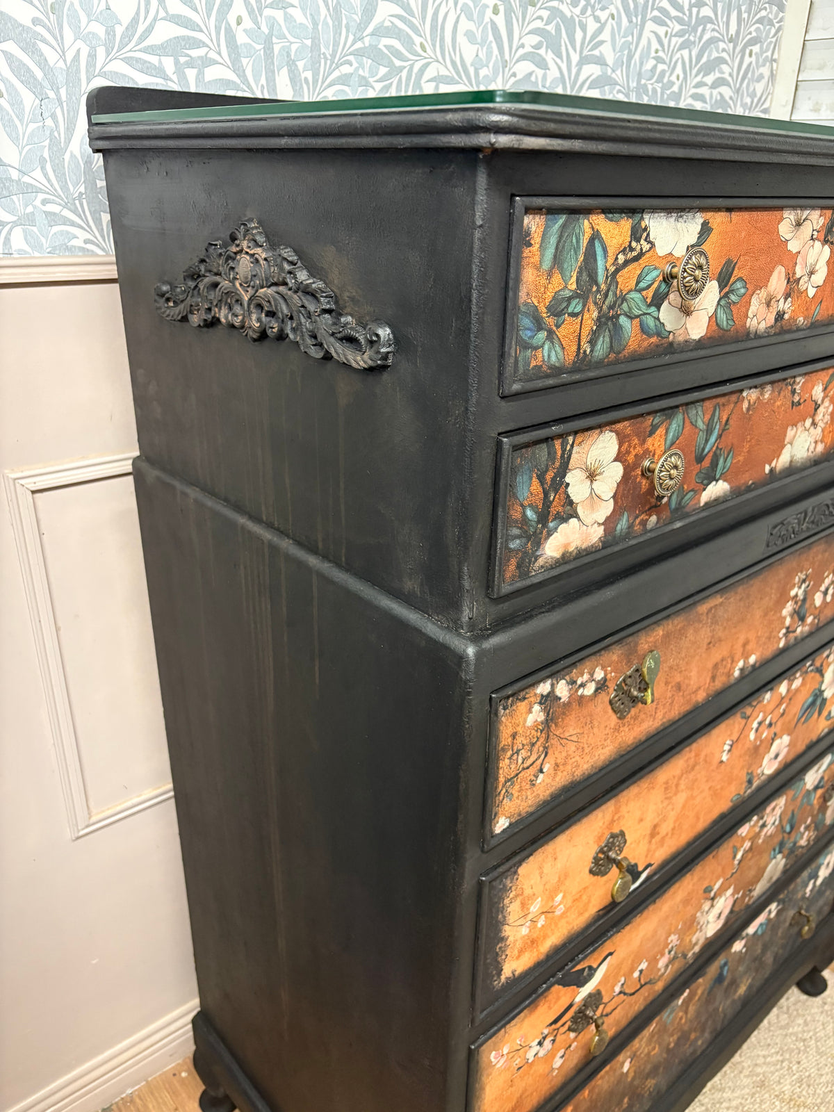 Copper Black Upcycled Oriental Bird Blossom Floral Chest of Drawers inc courier in price