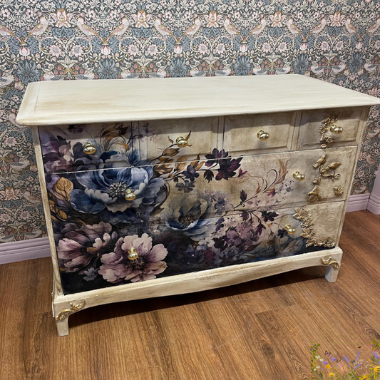 Decoupage Floral Bird Purple & Gold Stage Chest of Drawers