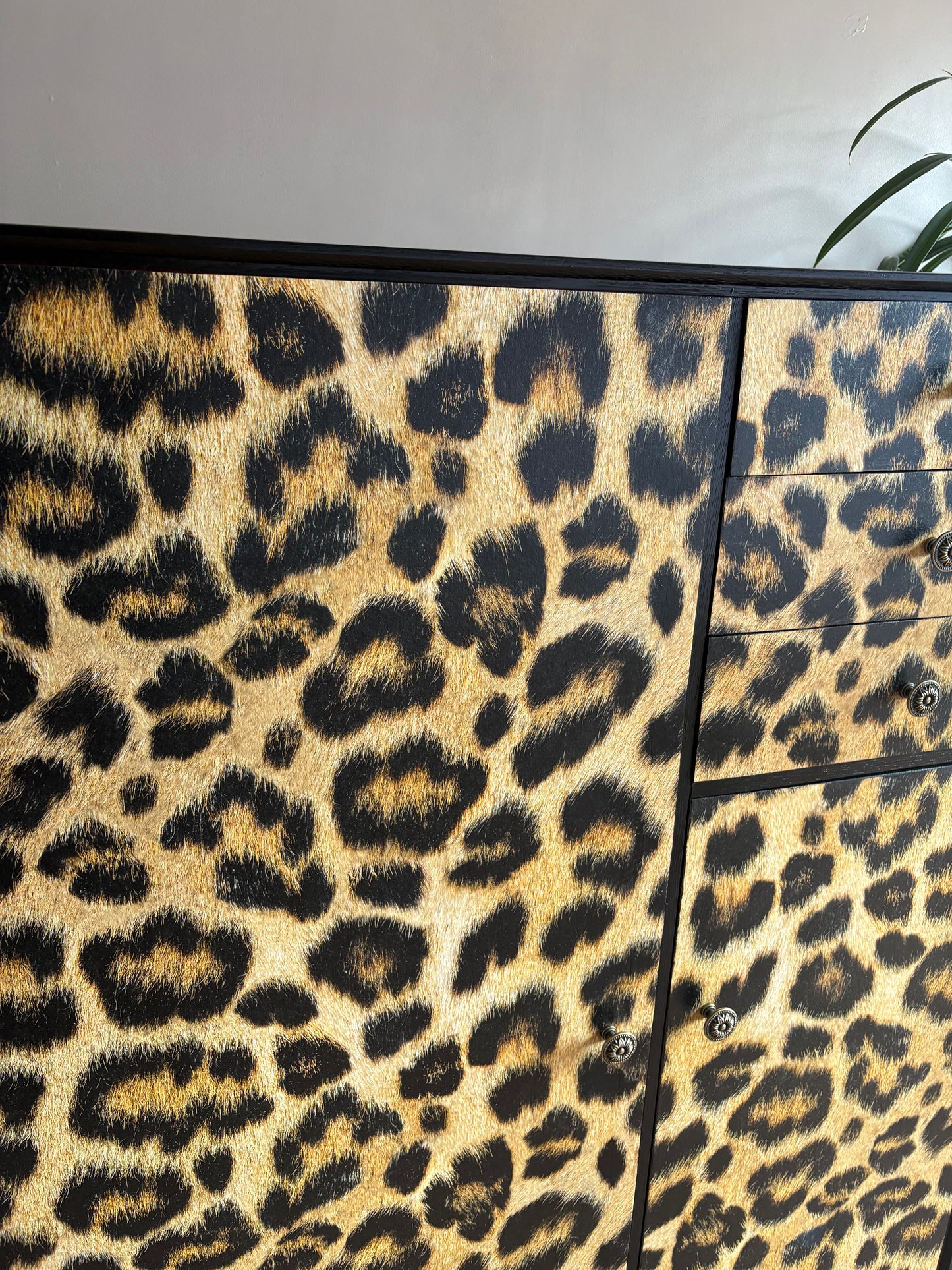 Leopard print wallpapered storage cabinet gentleman’s wardrobe upcycled refurbished