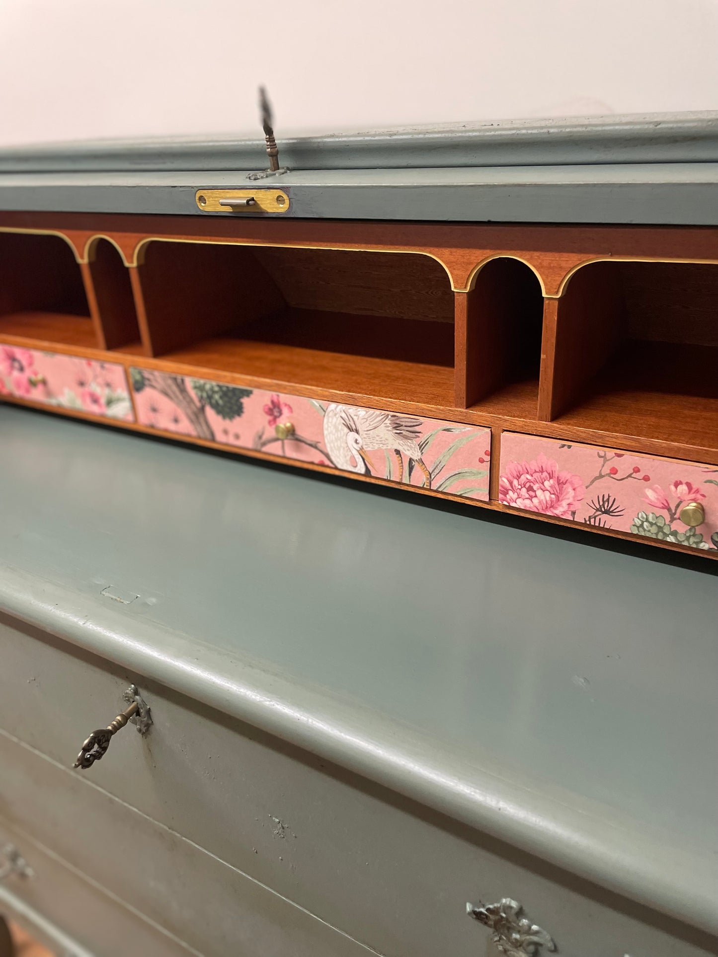 Vintage Antique Roll top sage Green teal Bureau
