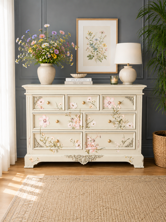 Chest of Drawers 7 large Sage Pale Green Floral Upcycled refurbished