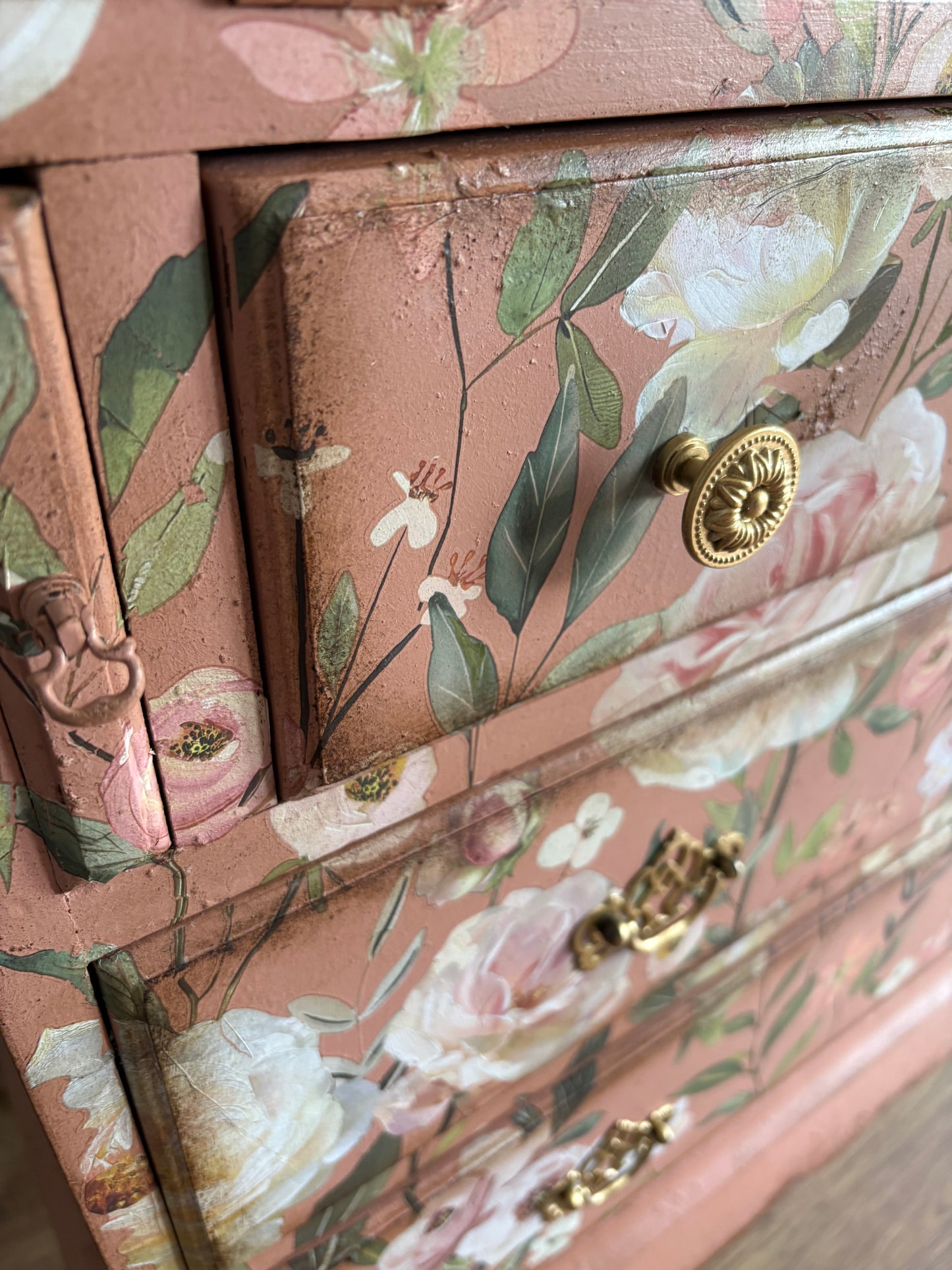 Peach Clay Floral Upcycled Green Bureau Desk Dressing Table