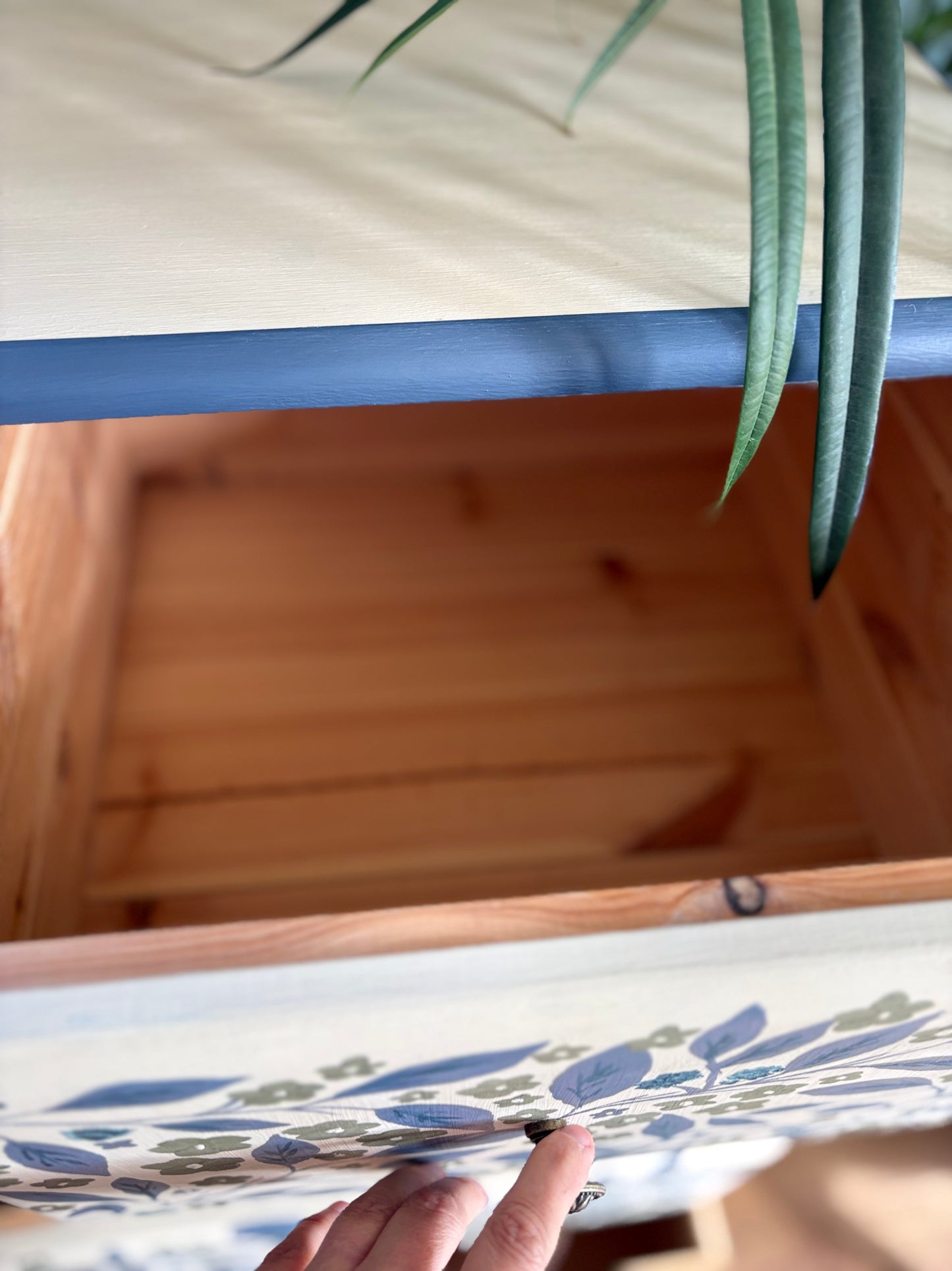 Handpainted floral leaf cream green blue upcycled chest of drawers