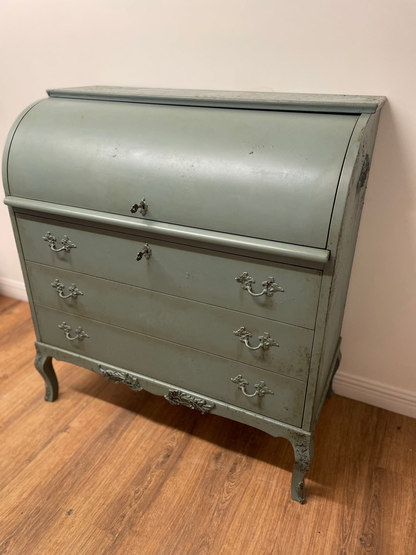 Vintage Antique Roll top sage Green teal Bureau
