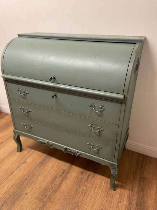 Vintage Antique Roll top sage Green teal Bureau
