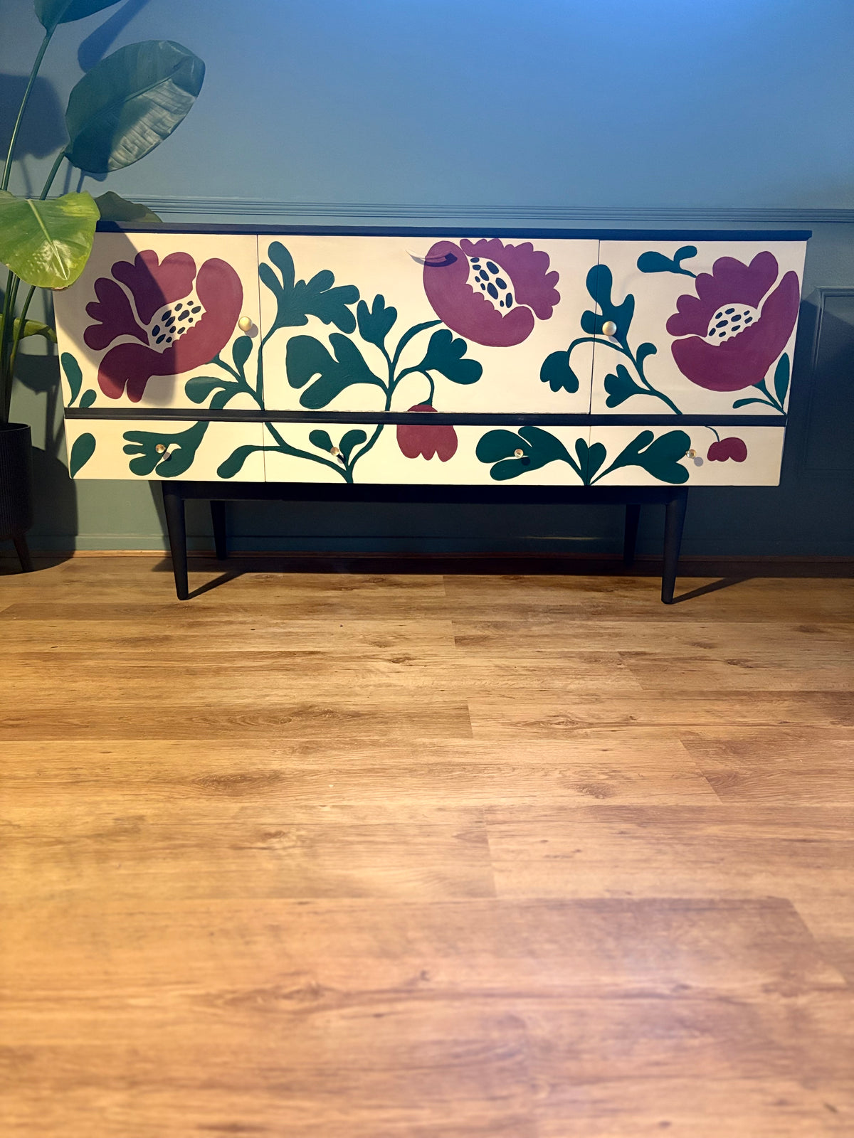 Upcycled floral green burgundy hand painted unique sideboard drinks cabinet