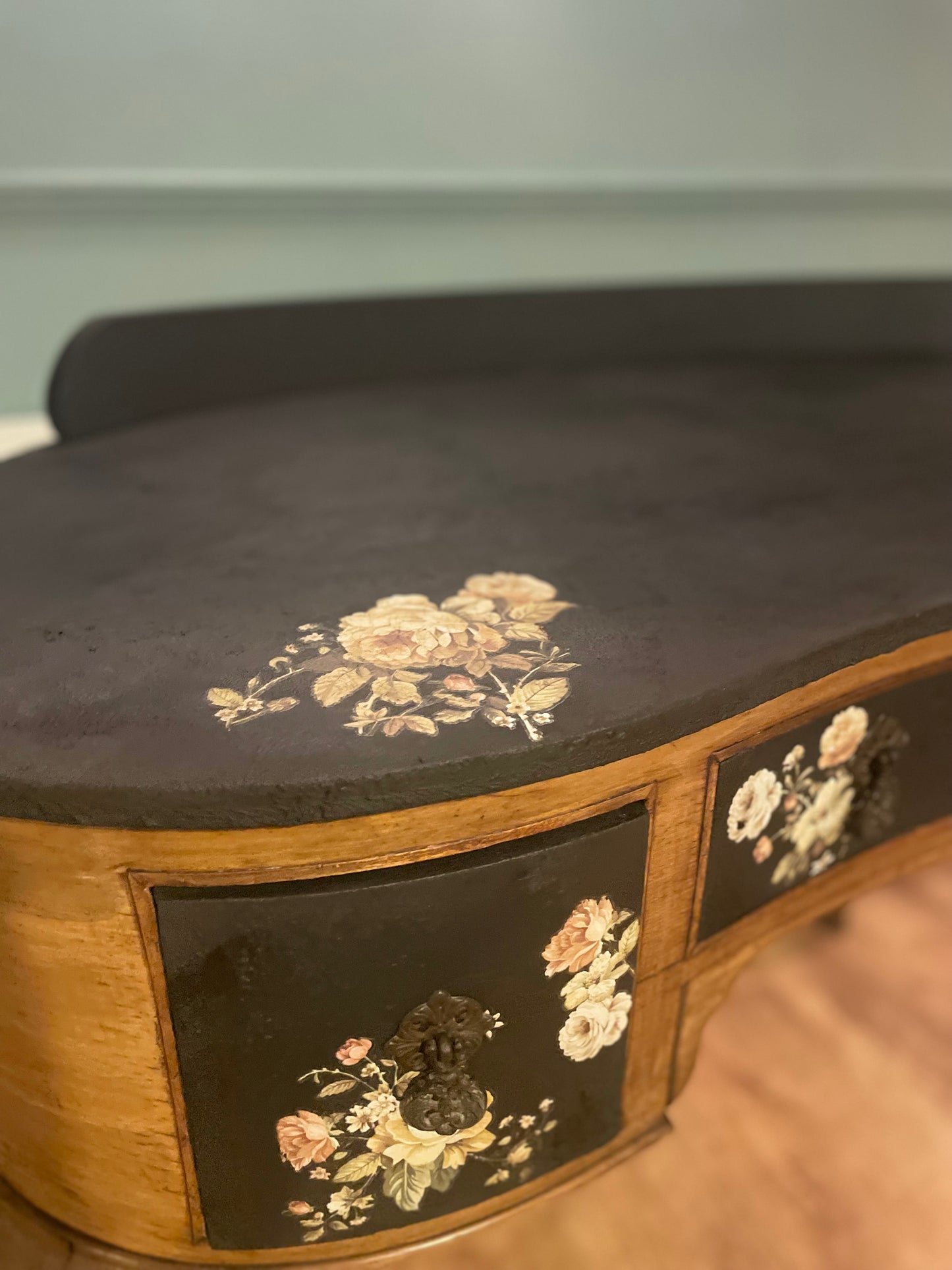 French Amoire Black Floral Antique Dressing table Desk