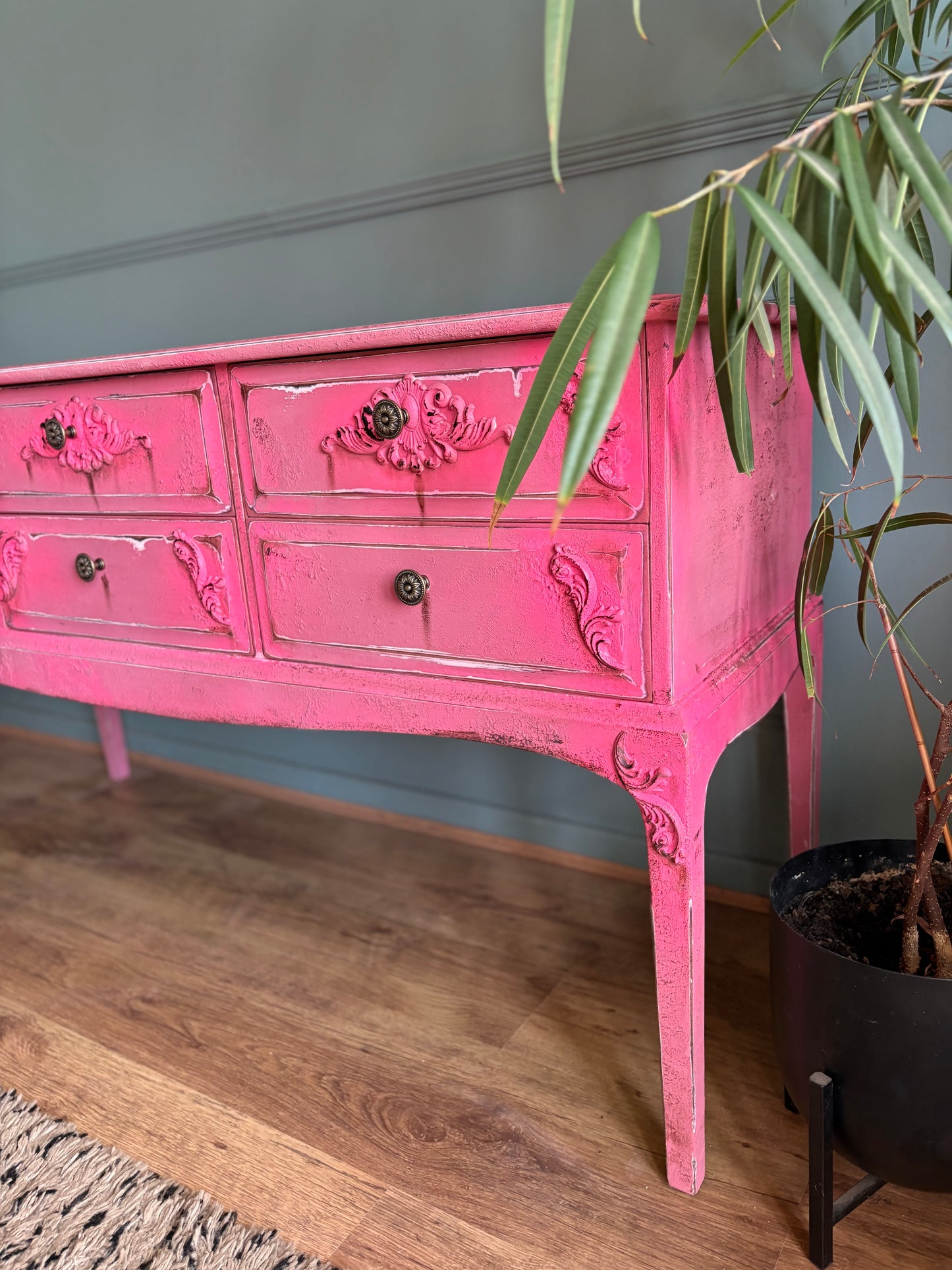 Vintage Distressed Hot pink neon stag dressing table sideboard