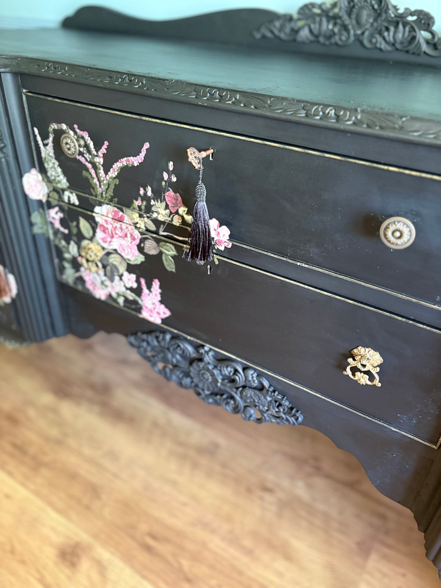 Vintage Refurbished Black Floral Rose Upcycled Sidboard lockable storage furniture