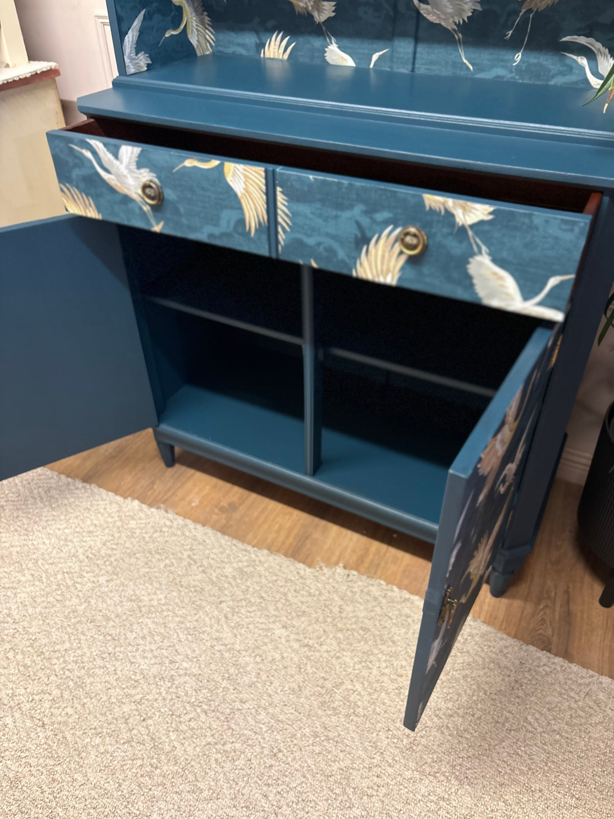 Navy Bird Crane Gold Upcycled Cabinet Bookcase