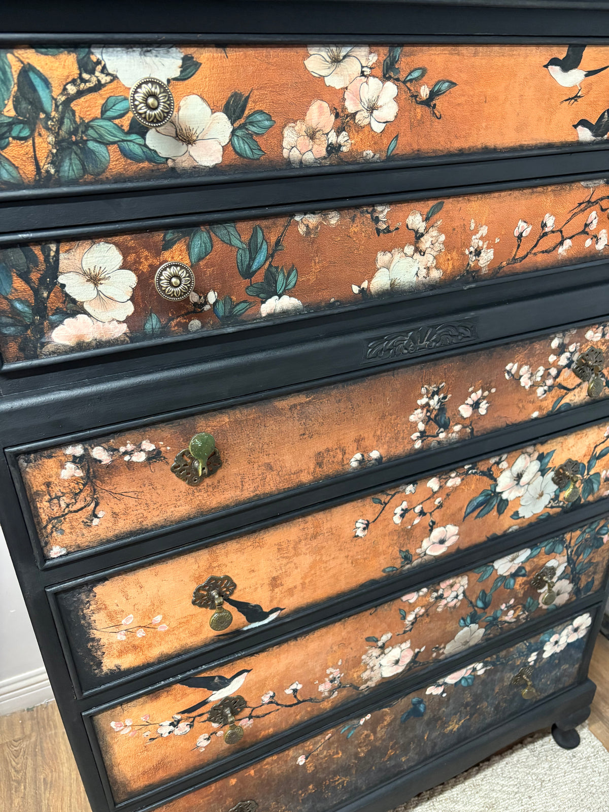 Copper Black Upcycled Oriental Bird Blossom Floral Chest of Drawers inc courier in price