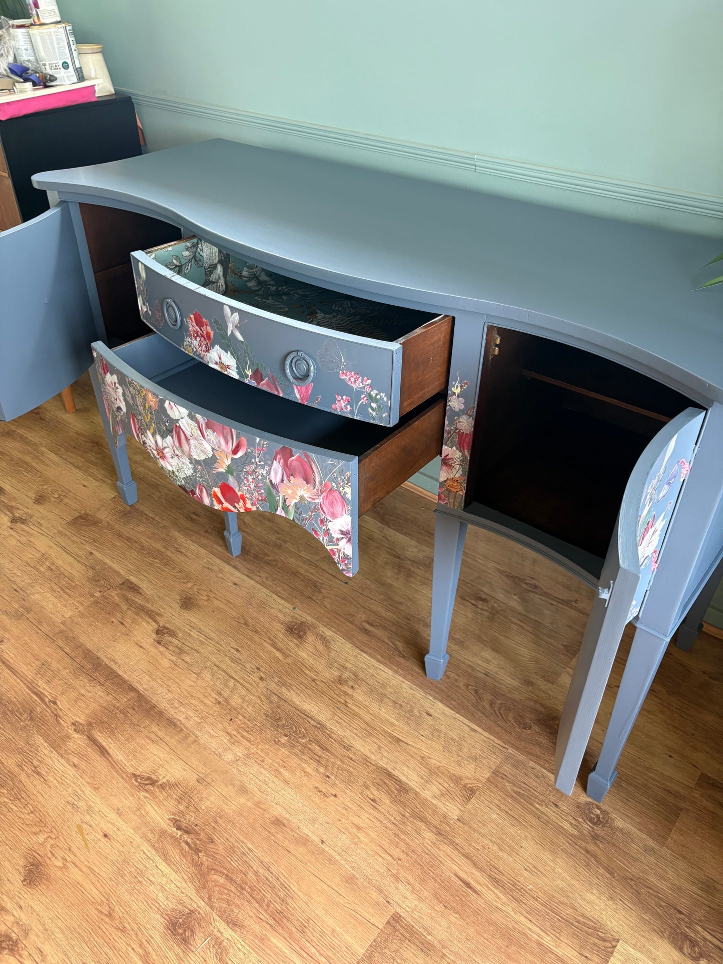 Tulip Cottage Blue Floral Handpainted Refurbished Sideboard Storage Unit Upcycled - delivery included
