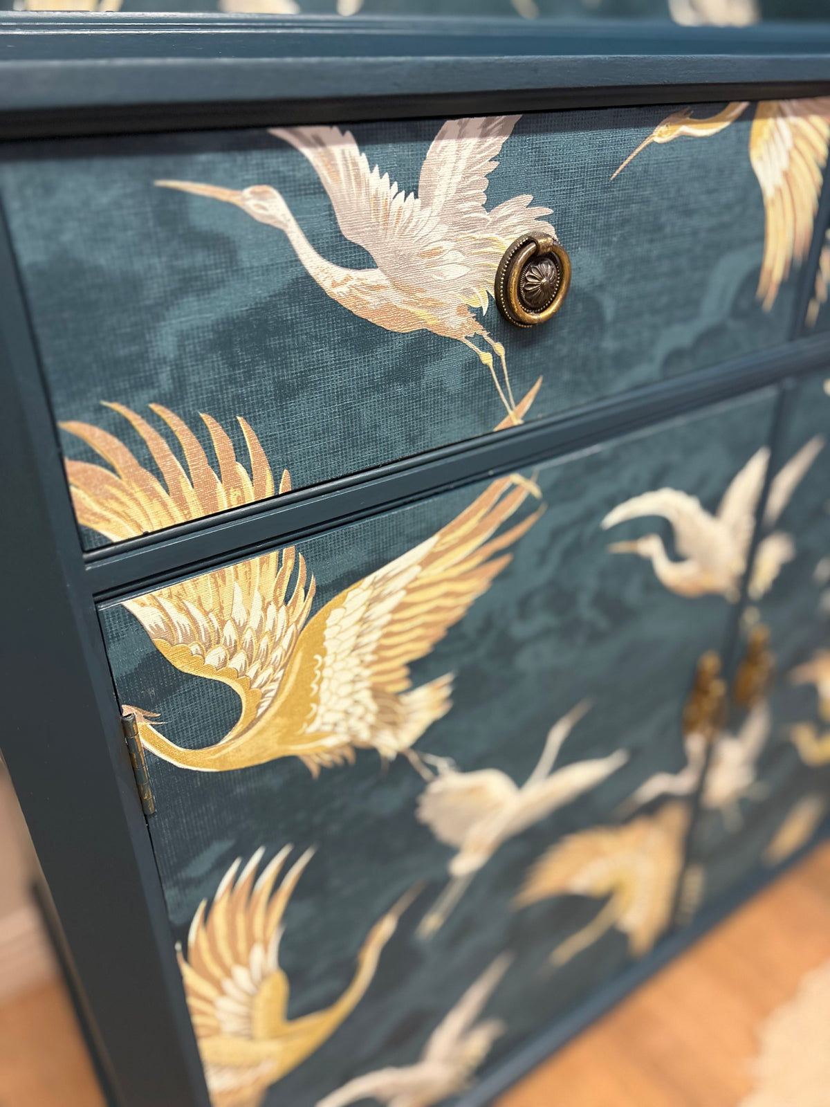 Navy Bird Crane Gold Upcycled Cabinet Bookcase