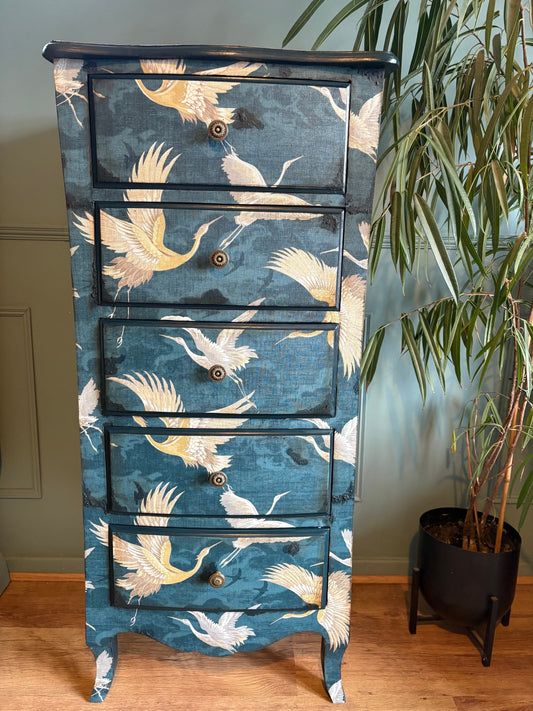 Tallboy Navy Gold Crane Bird Chest of Drawers