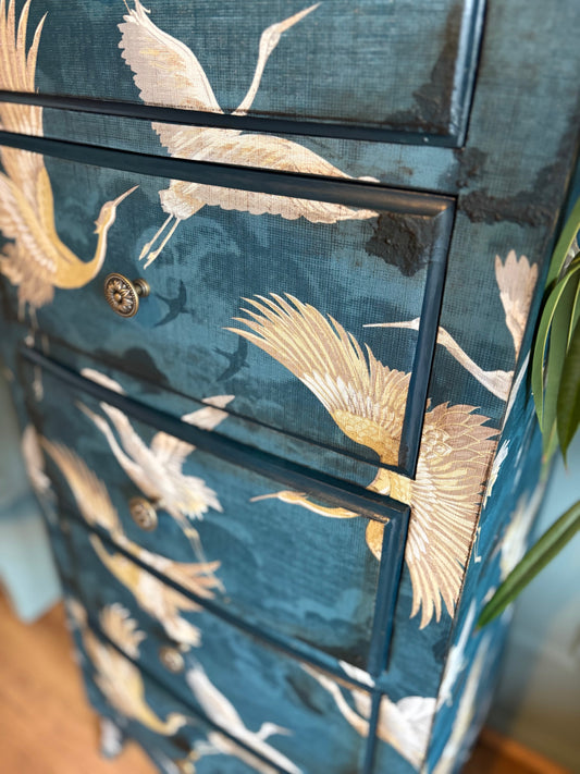 Tallboy Navy Gold Crane Bird Chest of Drawers