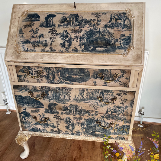 Distressed Vintage French Toile Cream & Blue Bureau