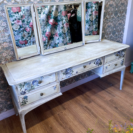 Stag Upcycled Blue Wash Floral Distressed Dressing Table & Mirror