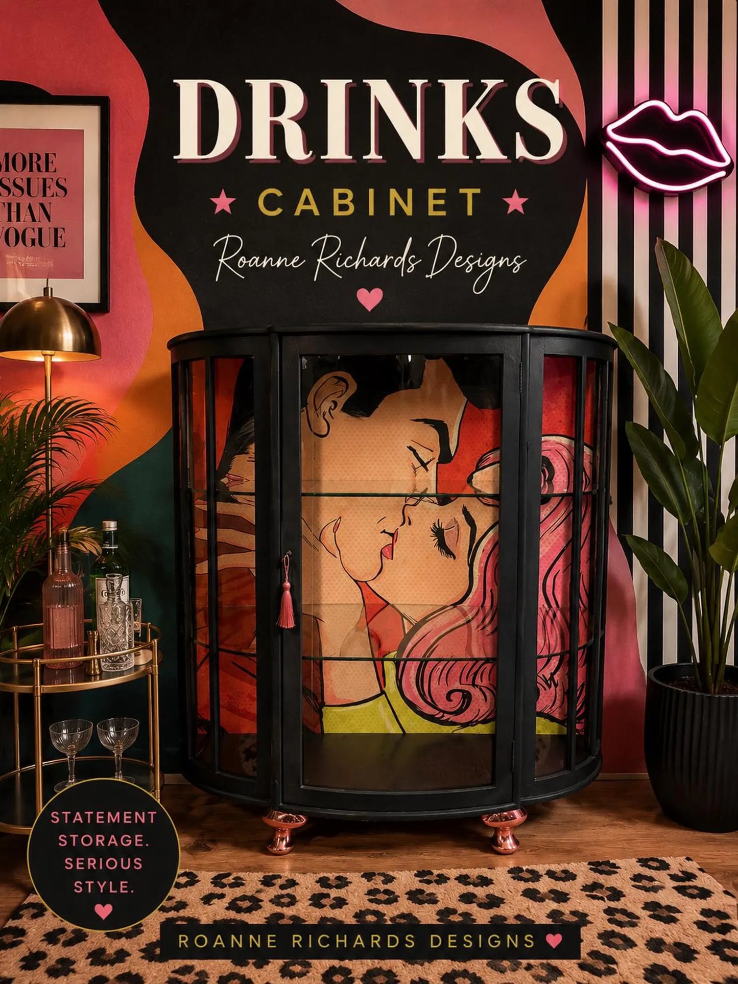 Pop art Comic Dark blue Retro Distressed Drinks Cocktail Display Cabinet