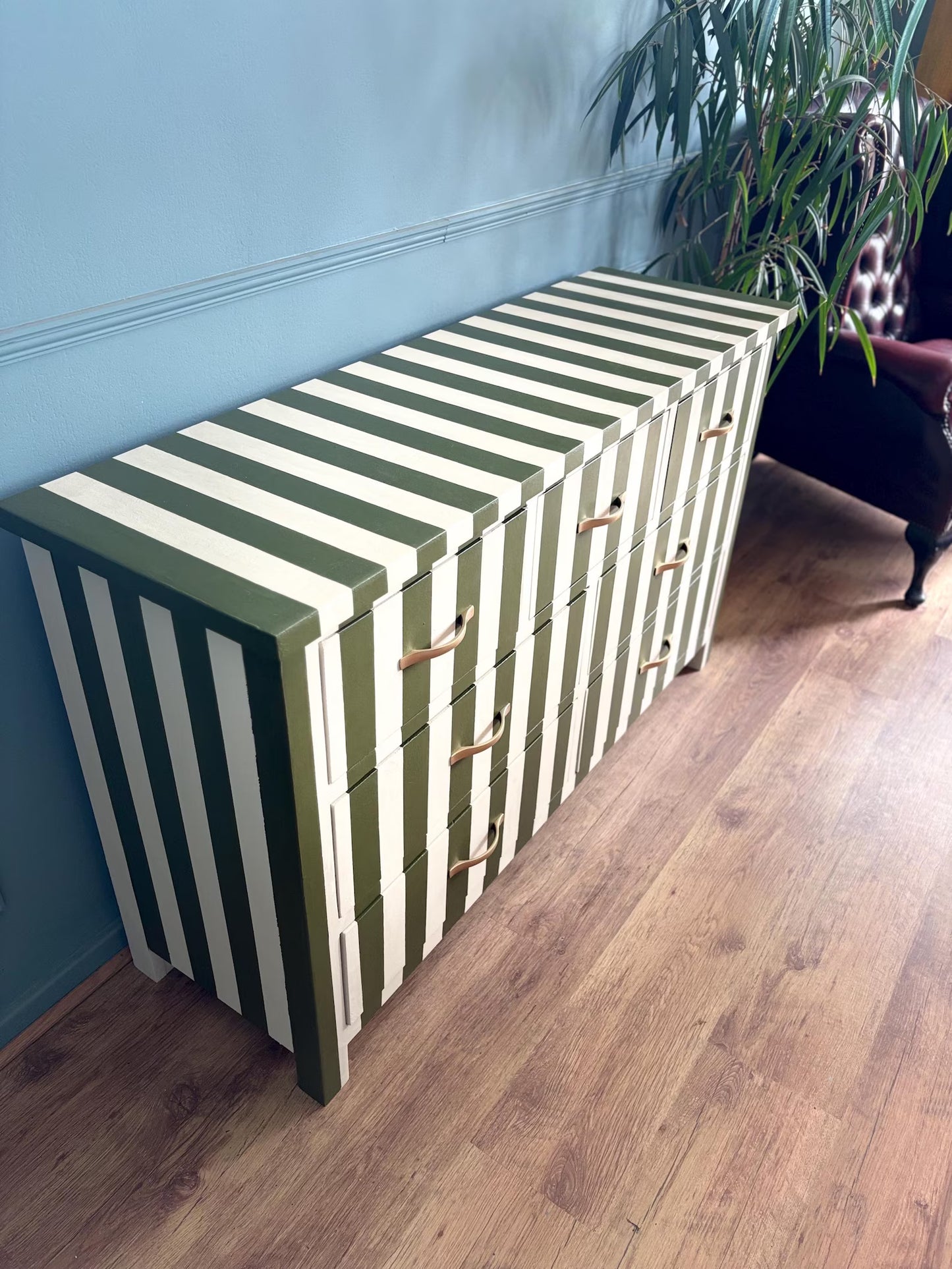 Solid pine wood Chest of drawers olive green cream stripe